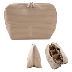 The Verti vertical organizer displayed on a vanity with 23 pockets for skincare and cosmetics.
