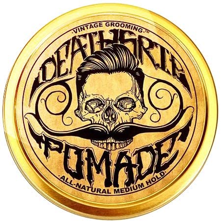 The Vintage Grooming Co. Death Grip pomade jar close-up showing natural beeswax base.