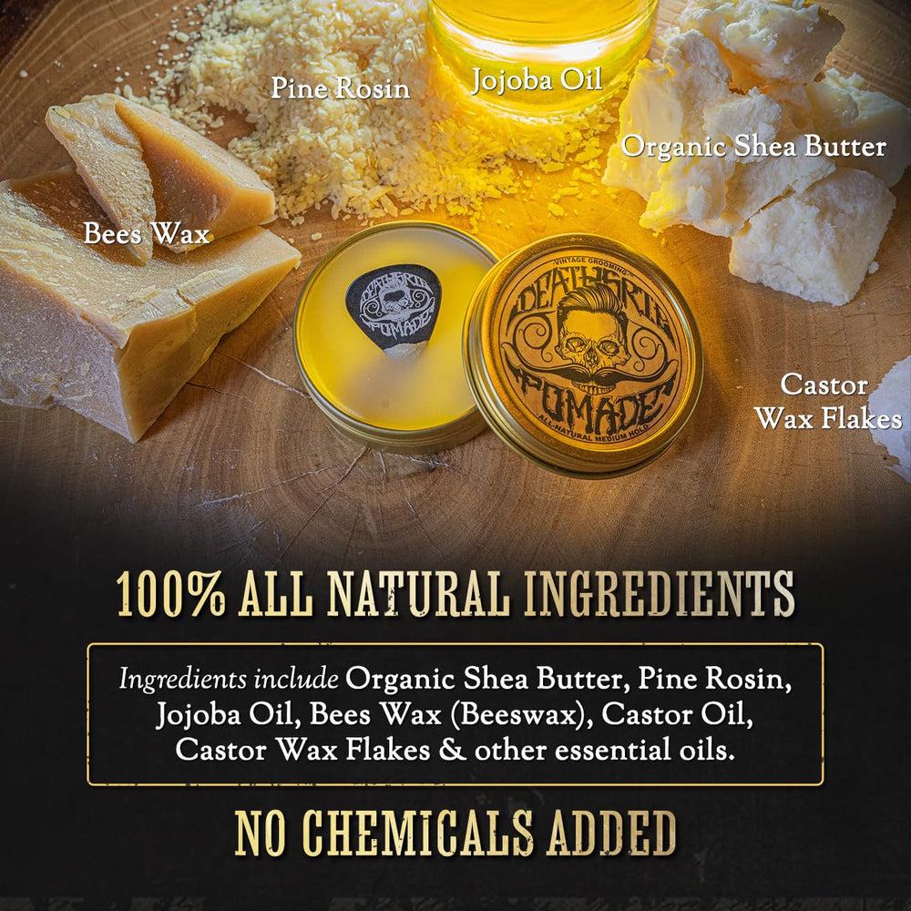 The Vintage Grooming Co. Death Grip pomade label front highlighting scent and ingredients.