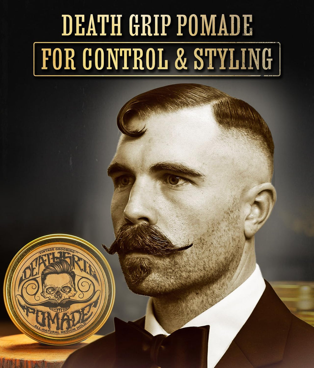 Death Grip pomade packaging by The Vintage Grooming Co.