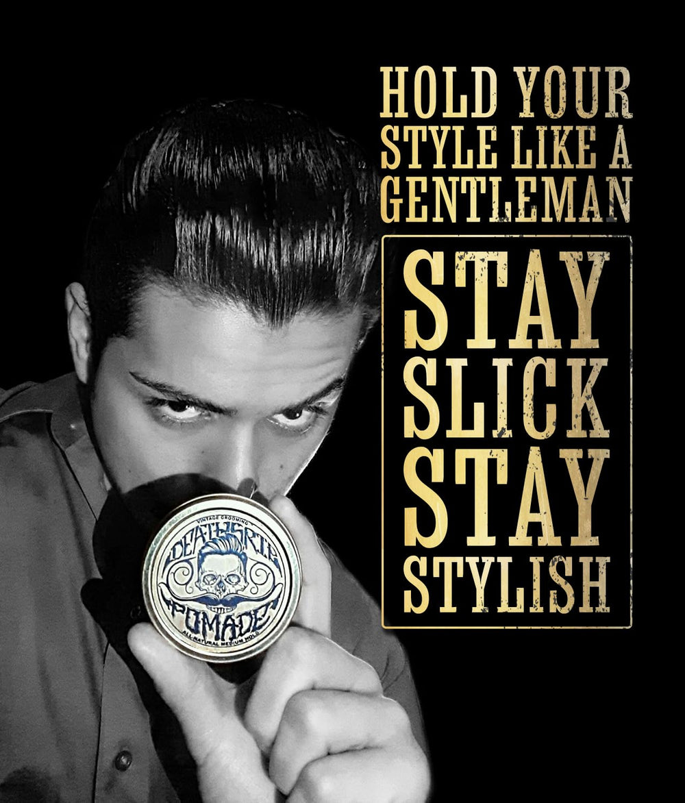 Slick-back style with Death Grip pomade for medium shine and hold.
