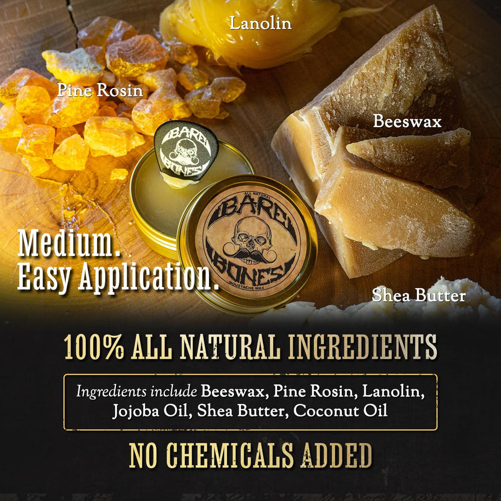 The Vintage Grooming Co moustache wax packaging close up highlights quality components.
