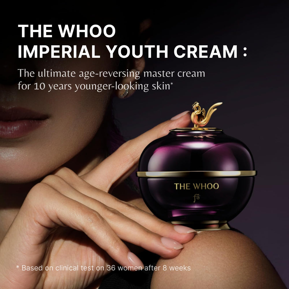 The WHOO Imperial Youth Cream jar close-up displays a rich texture ideal for smoothing.