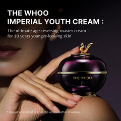 The WHOO Imperial Youth Cream jar close-up displays a rich texture ideal for smoothing.