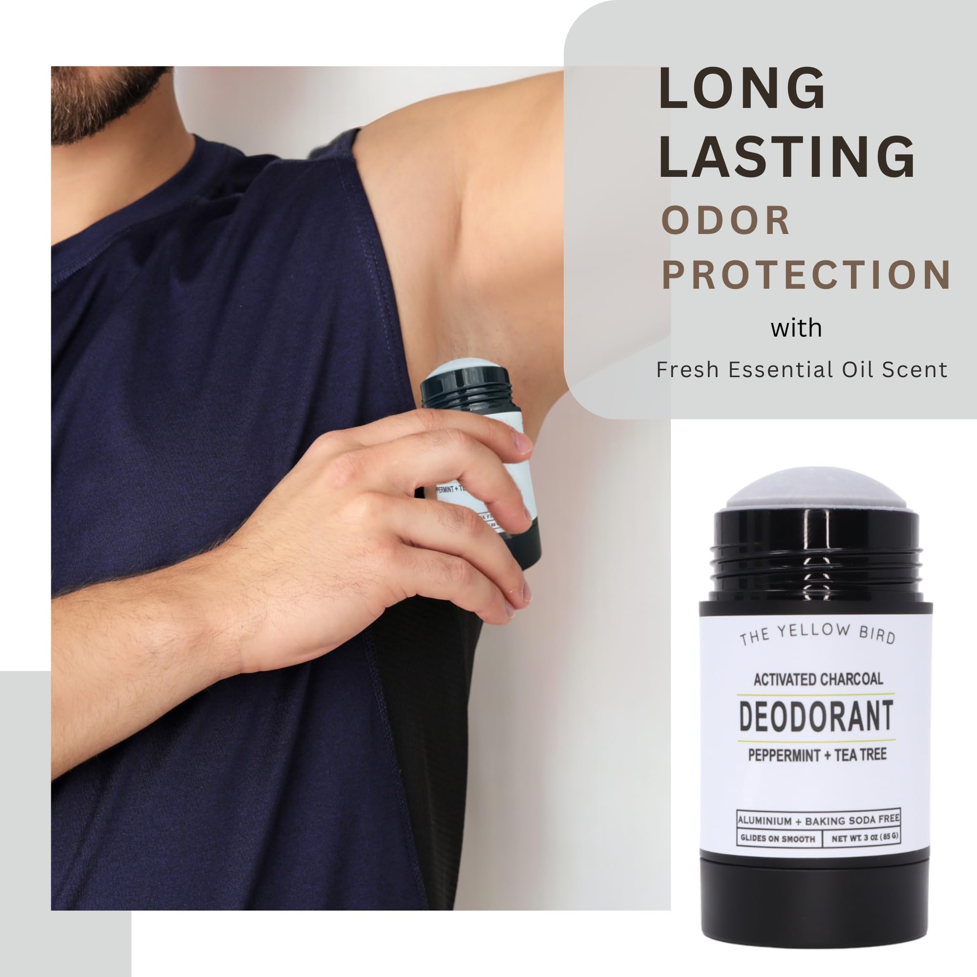 The Yellow Bird activated-charcoal ingredients panel highlights natural notes.