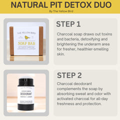 The Yellow Bird armpit bar soap close-up highlighting detoxifying charcoal benefits.