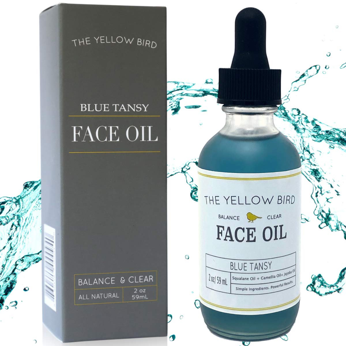 The Yellow Bird Balancing Blue Tansy Oil bottle pour promotes radiant, nourished skin.