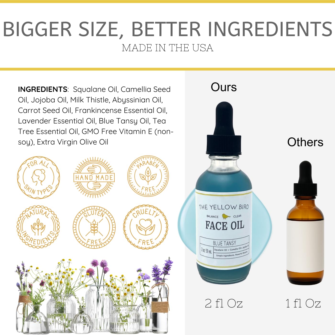 The Yellow Bird Balancing Blue Tansy Oil ingredients closeup highlights calming, clarifying properties.