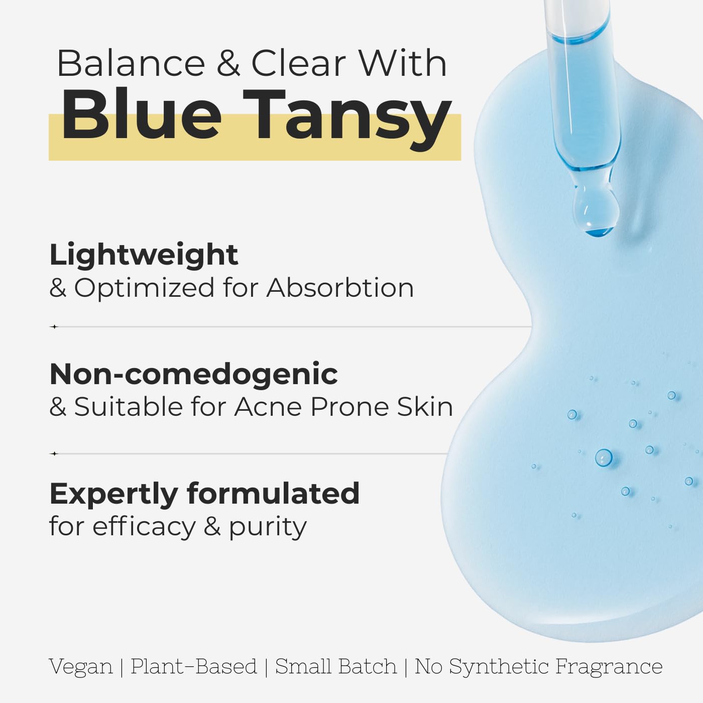 The Yellow Bird Balancing Blue Tansy Oil texture close-up reveals lightweight, fast-absorbing serum.
