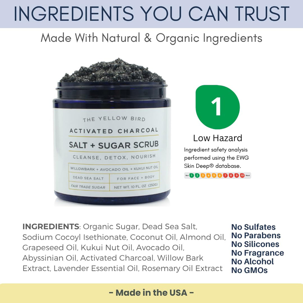 The Yellow Bird charcoal scrub applied to the face for gentle exfoliation.