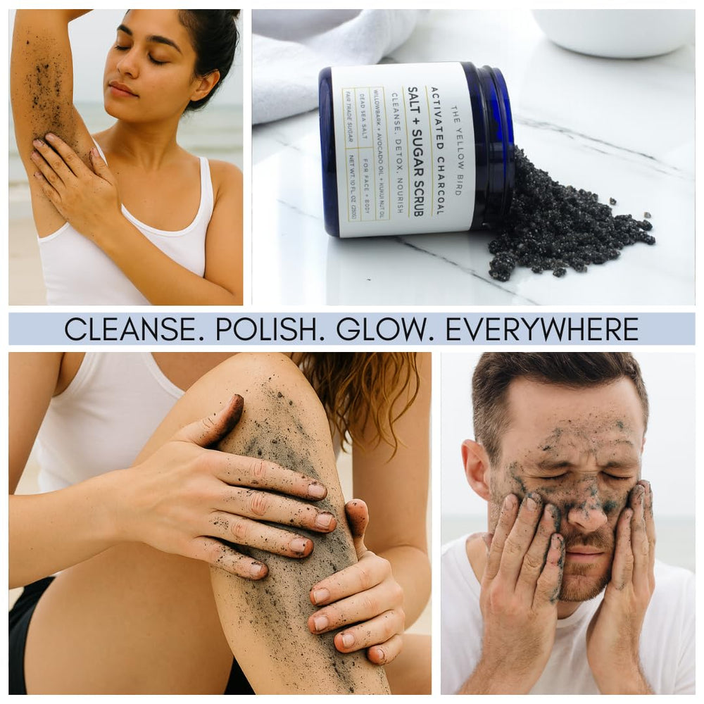 The Yellow Bird charcoal scrub jar open shows creamy grains for gentle cleansing.