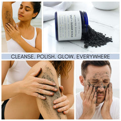 The Yellow Bird charcoal scrub jar open shows creamy grains for gentle cleansing.