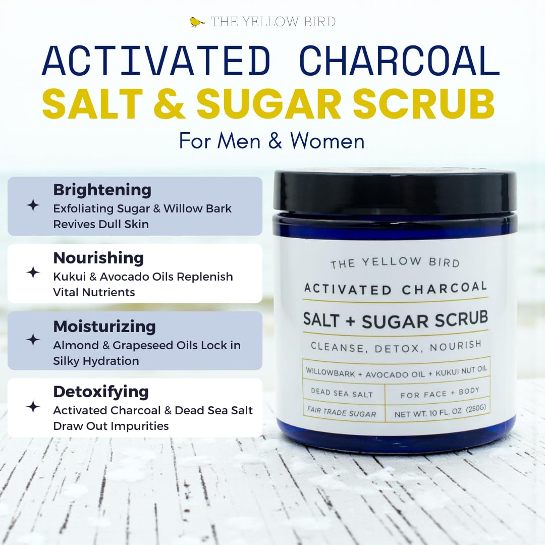 The Yellow Bird charcoal scrub texture being scooped for face and body exfoliation.