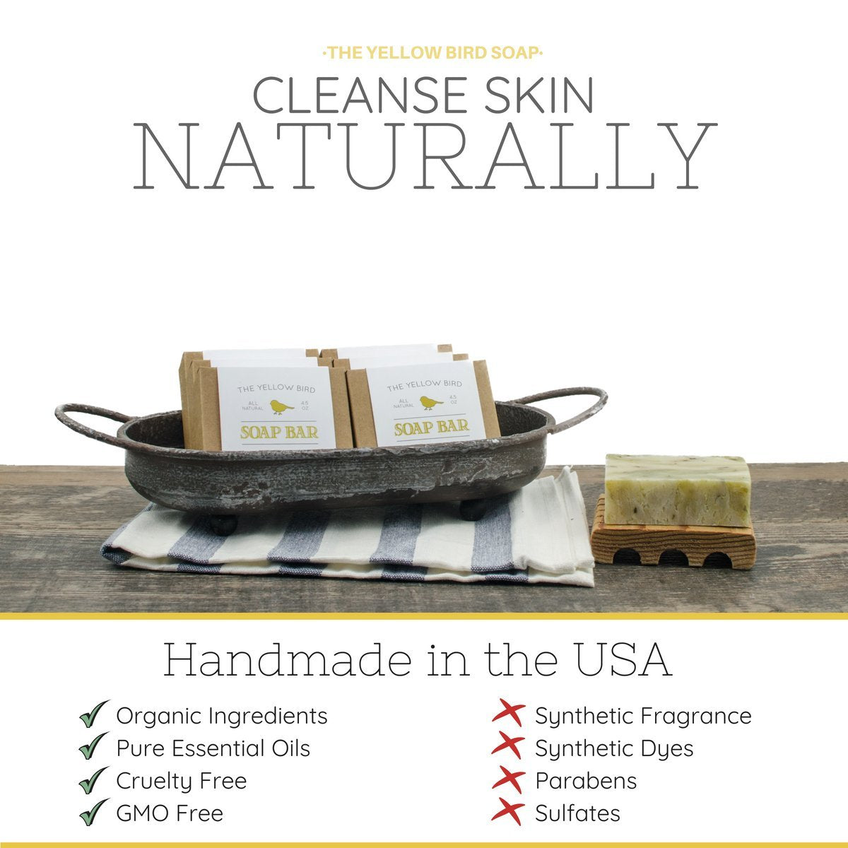 The Yellow Bird charcoal soap handmade in the USA emphasizes small-batch craft and quality ingredients.