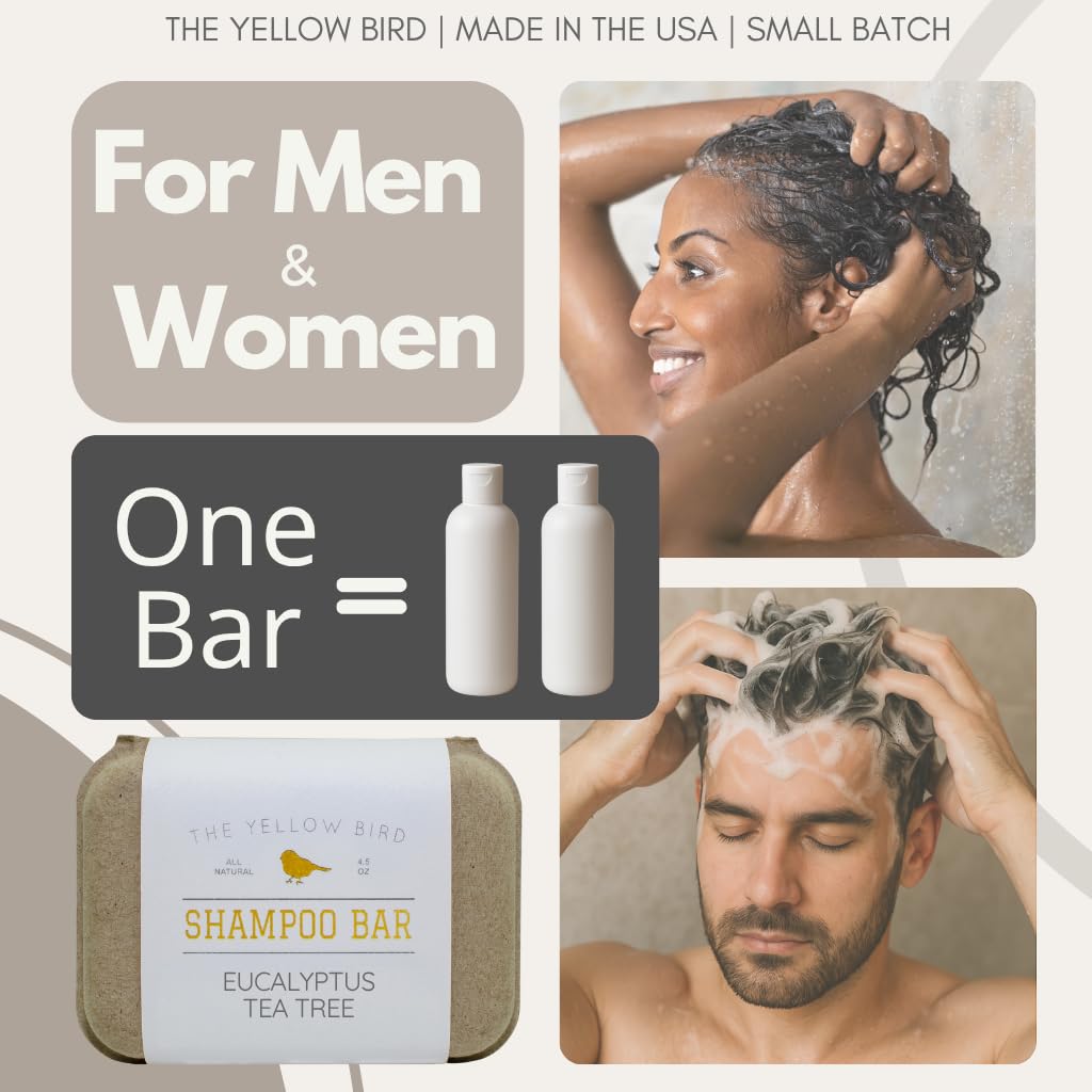 The Yellow Bird eucalyptus tea tree shampoo bar nourishes with argan and jojoba oils for hydration.