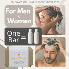 The Yellow Bird eucalyptus tea tree shampoo bar nourishes with argan and jojoba oils for hydration.
