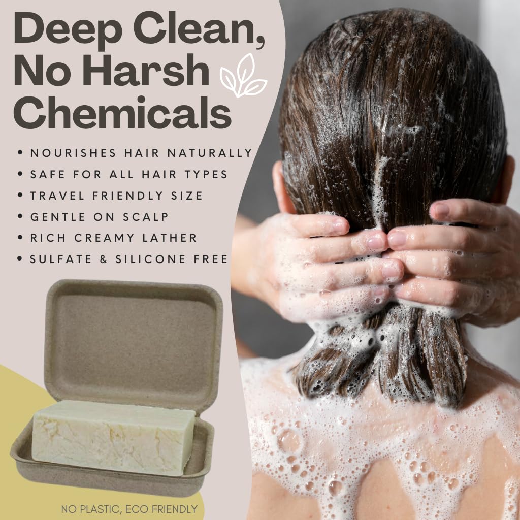 The Yellow Bird eucalyptus tea tree shampoo bar lathers on wet hair for a gentle cleanse.