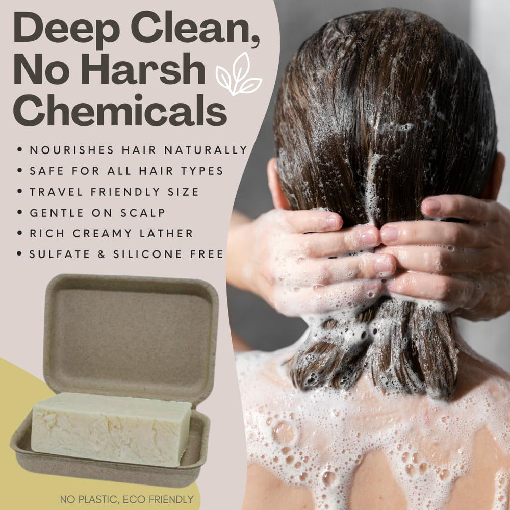 The Yellow Bird eucalyptus tea tree shampoo bar lathers on wet hair for a gentle cleanse.