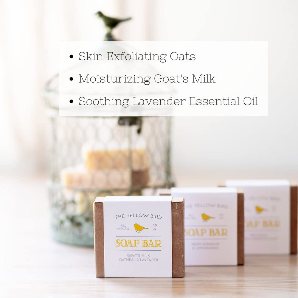 Oats texture visible in The Yellow Bird Lavender Goats Milk Soap Bar for gentle exfoliation.