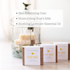 Oats texture visible in The Yellow Bird Lavender Goats Milk Soap Bar for gentle exfoliation.