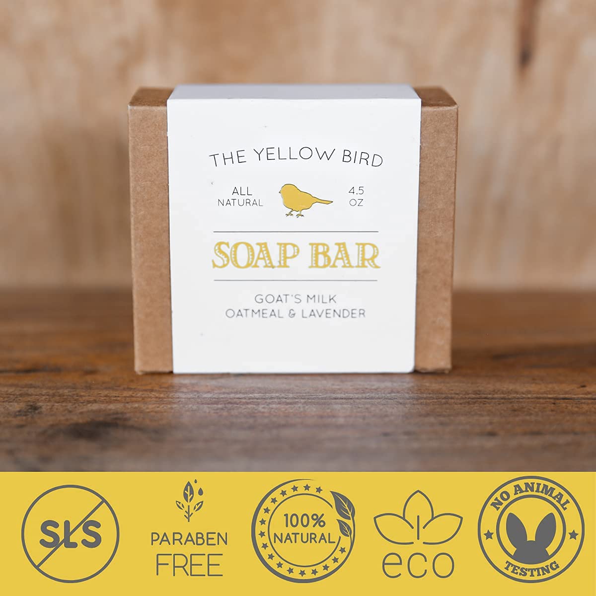 Eco-friendly packaging of The Yellow Bird Lavender Goats Milk Soap Bar in recyclable box.