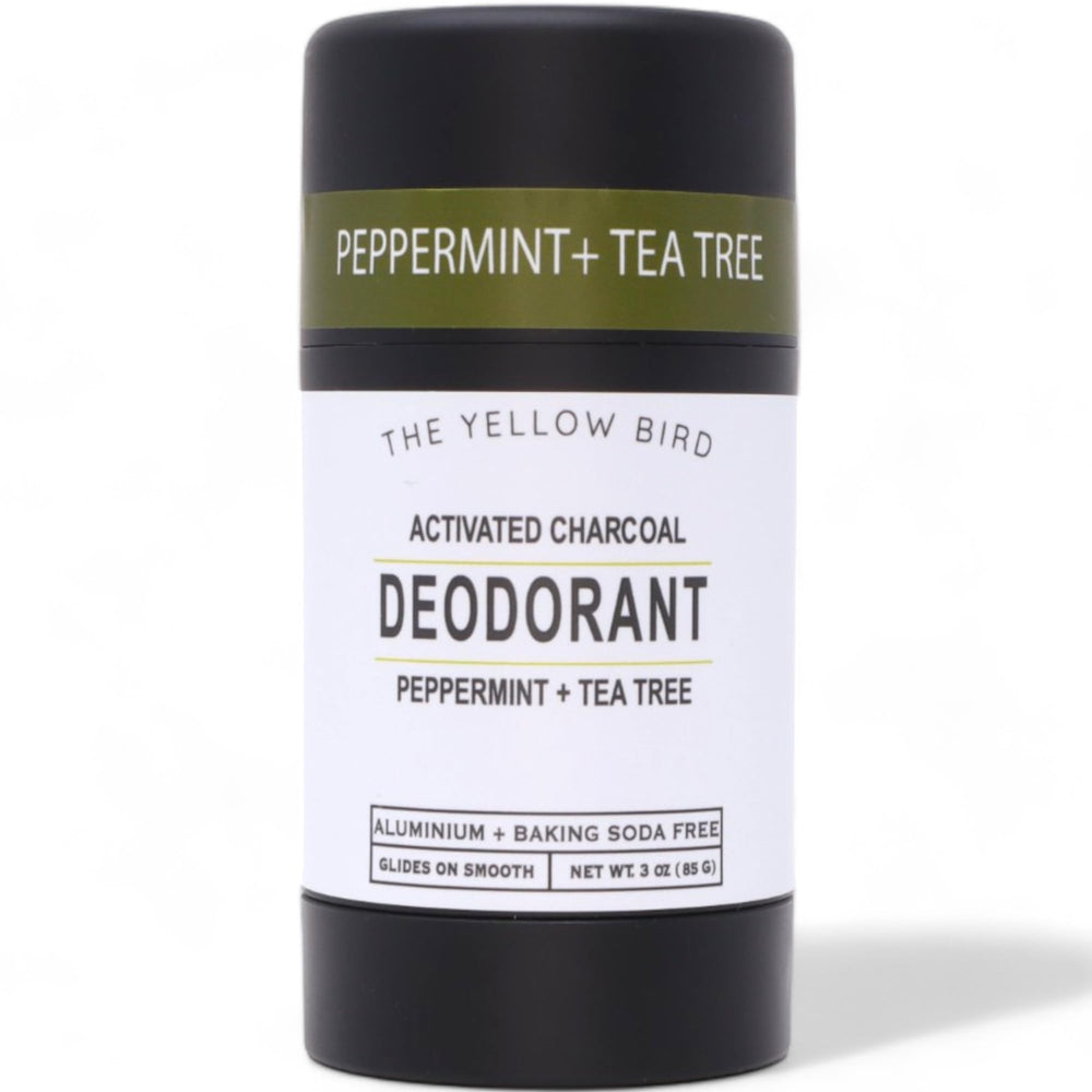 The Yellow Bird natural deodorant with activated charcoal bottle for all-day odor control.
