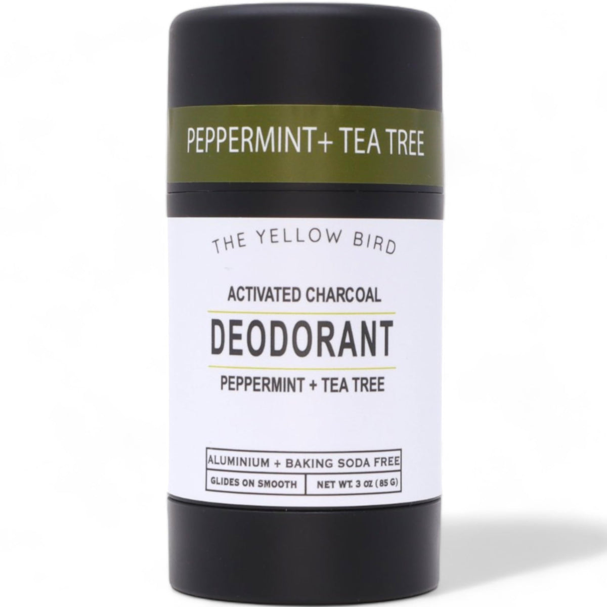 The Yellow Bird natural deodorant with activated charcoal bottle for all-day odor control.
