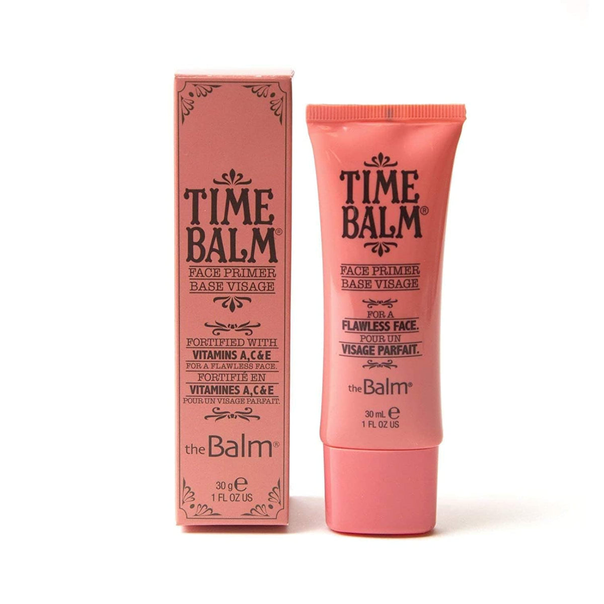 theBalm TimeBalm Face Primer bottle closeup, smooth base prep for flawless makeup