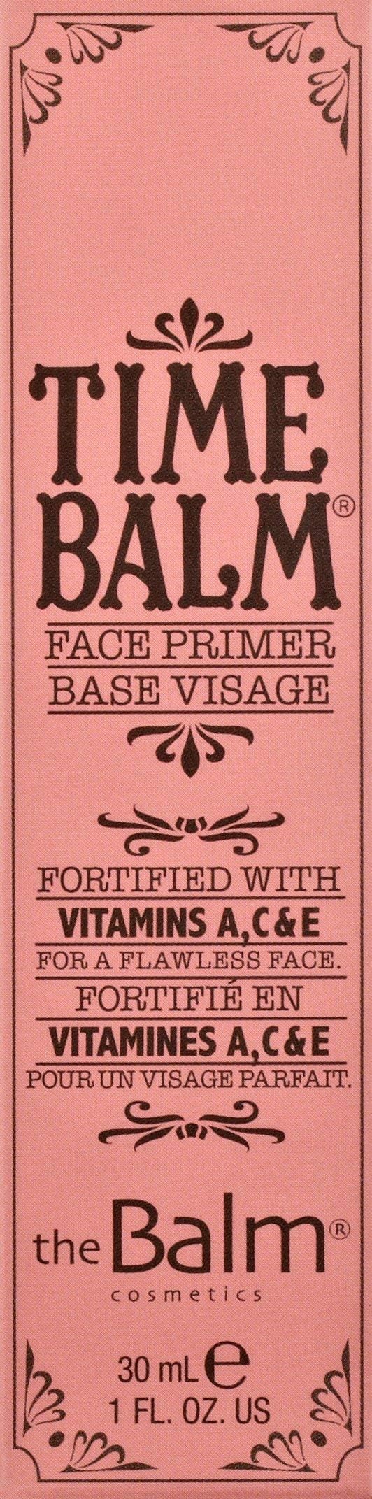 theBalm TimeBalm Face Primer packaging shot, sleek compact for travel