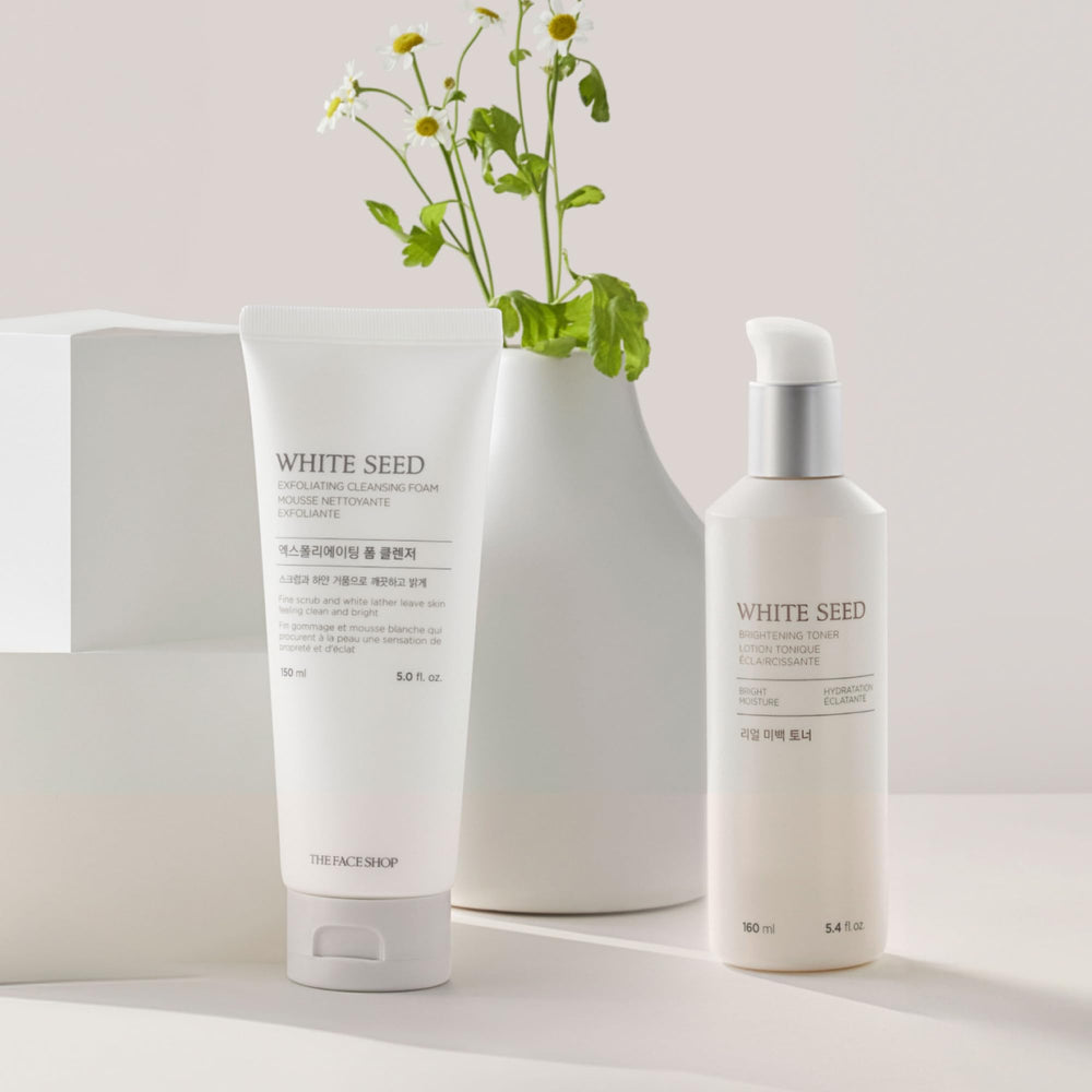 The Face Shop White Seed cleansing foam beside bathroom setup for daily routine