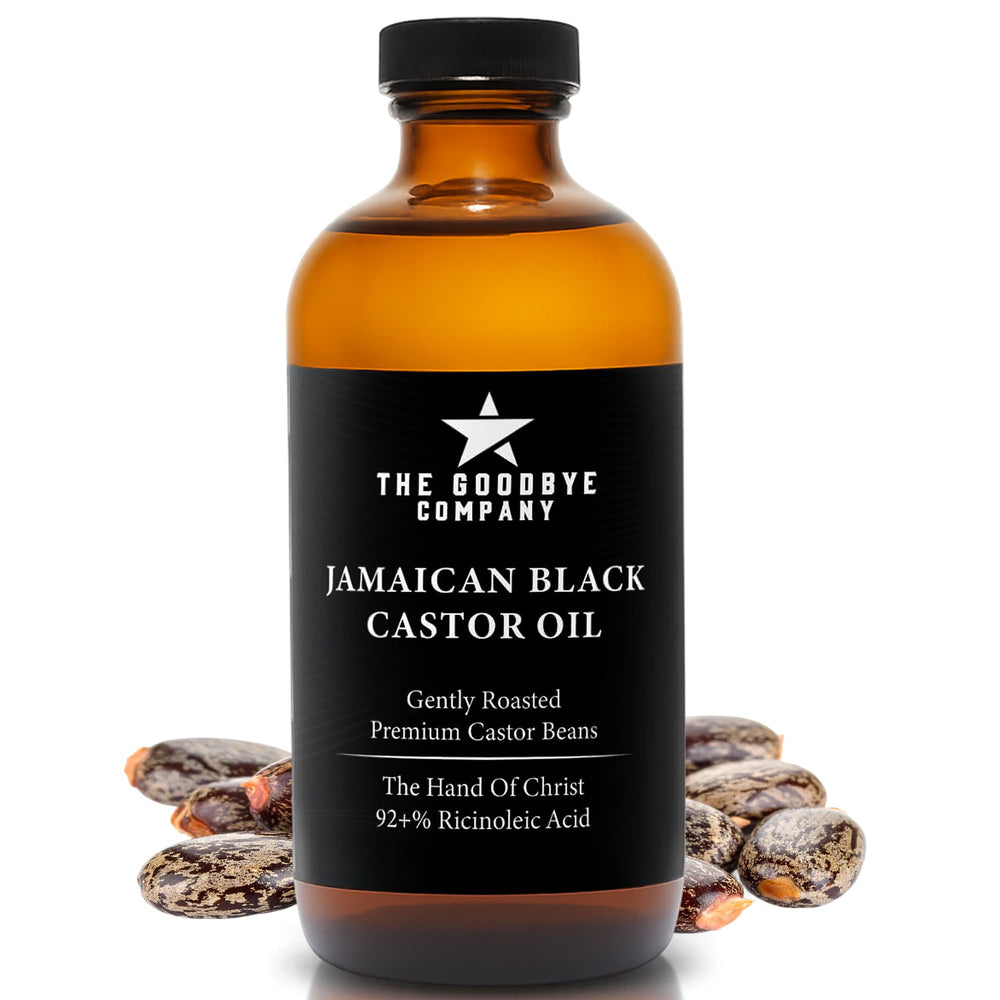 The Goodbye Company black castor oil bottle ready for hair growth routines