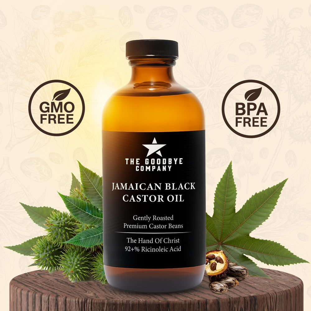 The Goodbye Company black castor oil in a dark glass bottle preserves potency