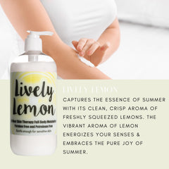 The Lotion Company Lively Lemon bottle back label highlights ingredients and American-made craftsmanship.