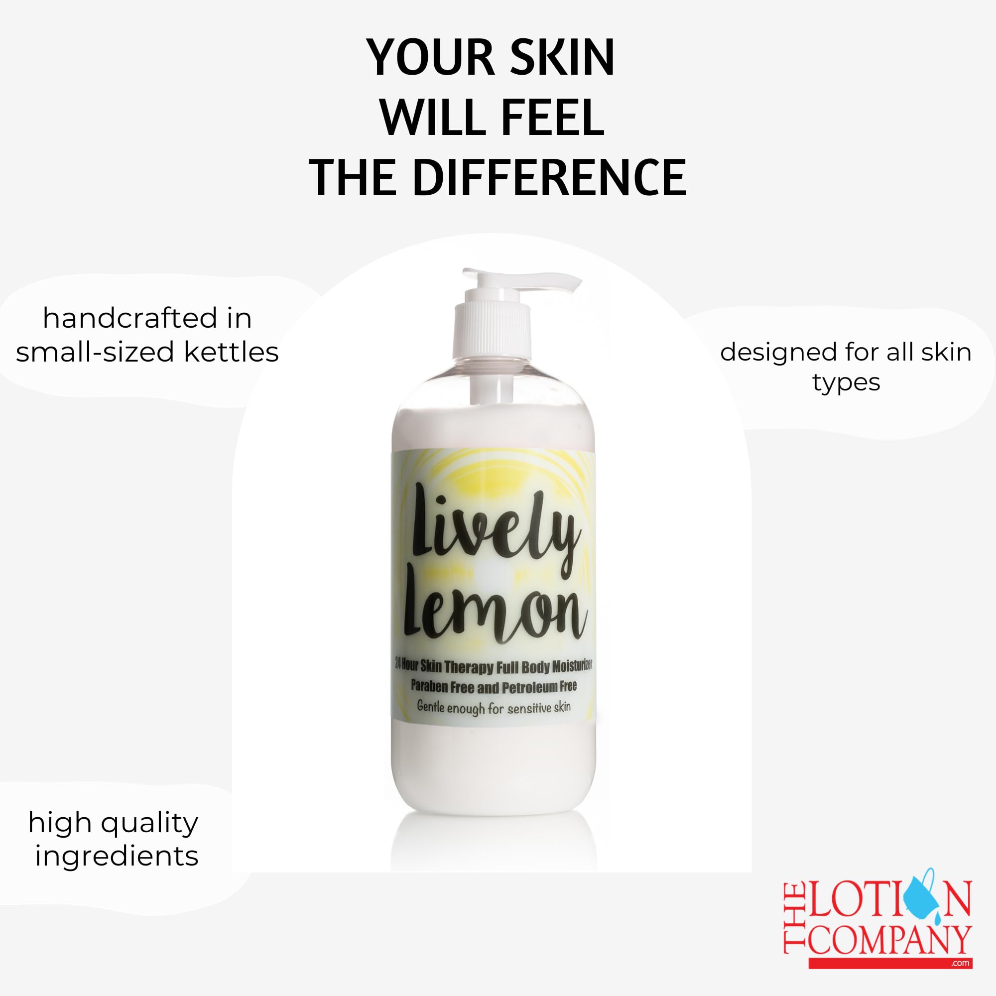 The Lotion Company Lively Lemon bottle on wood background conveys fresh, everyday hydration.