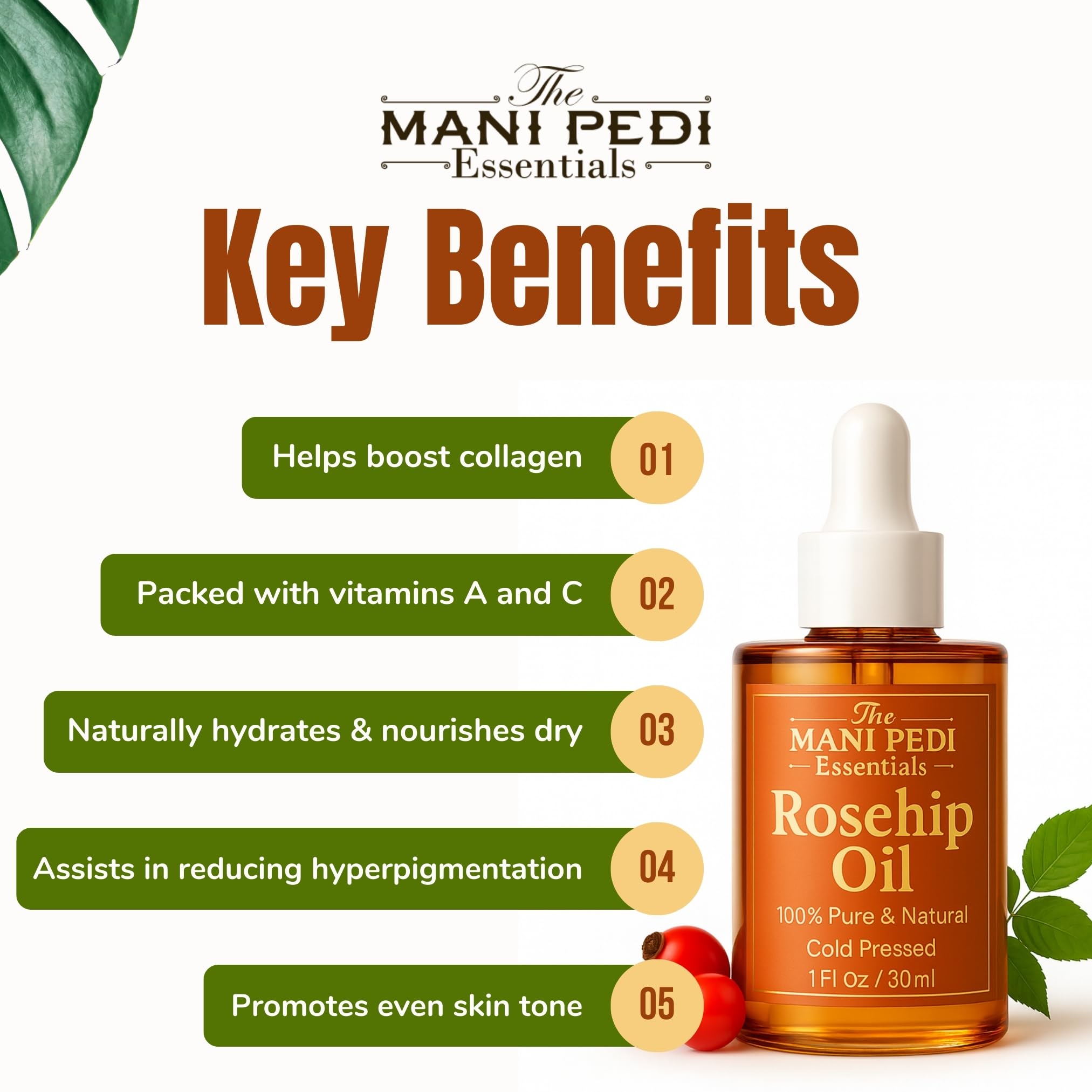 The Mani Pedi Essentials Rosehip Oil glass bottle ready for daily use.