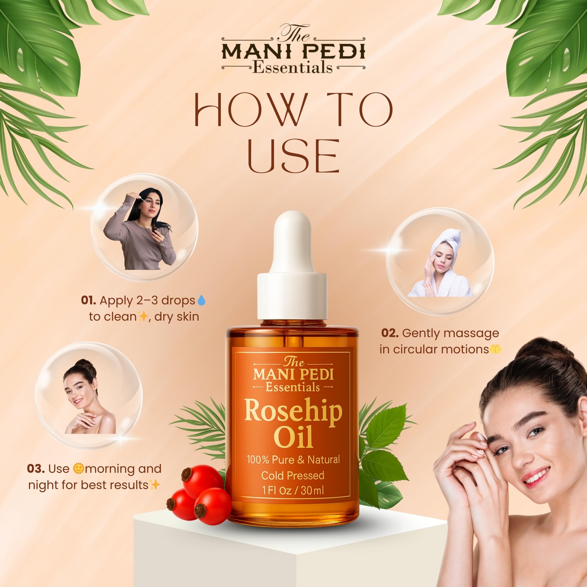 The Mani Pedi Essentials Rosehip Oil night ritual promotes gentle nourishment.