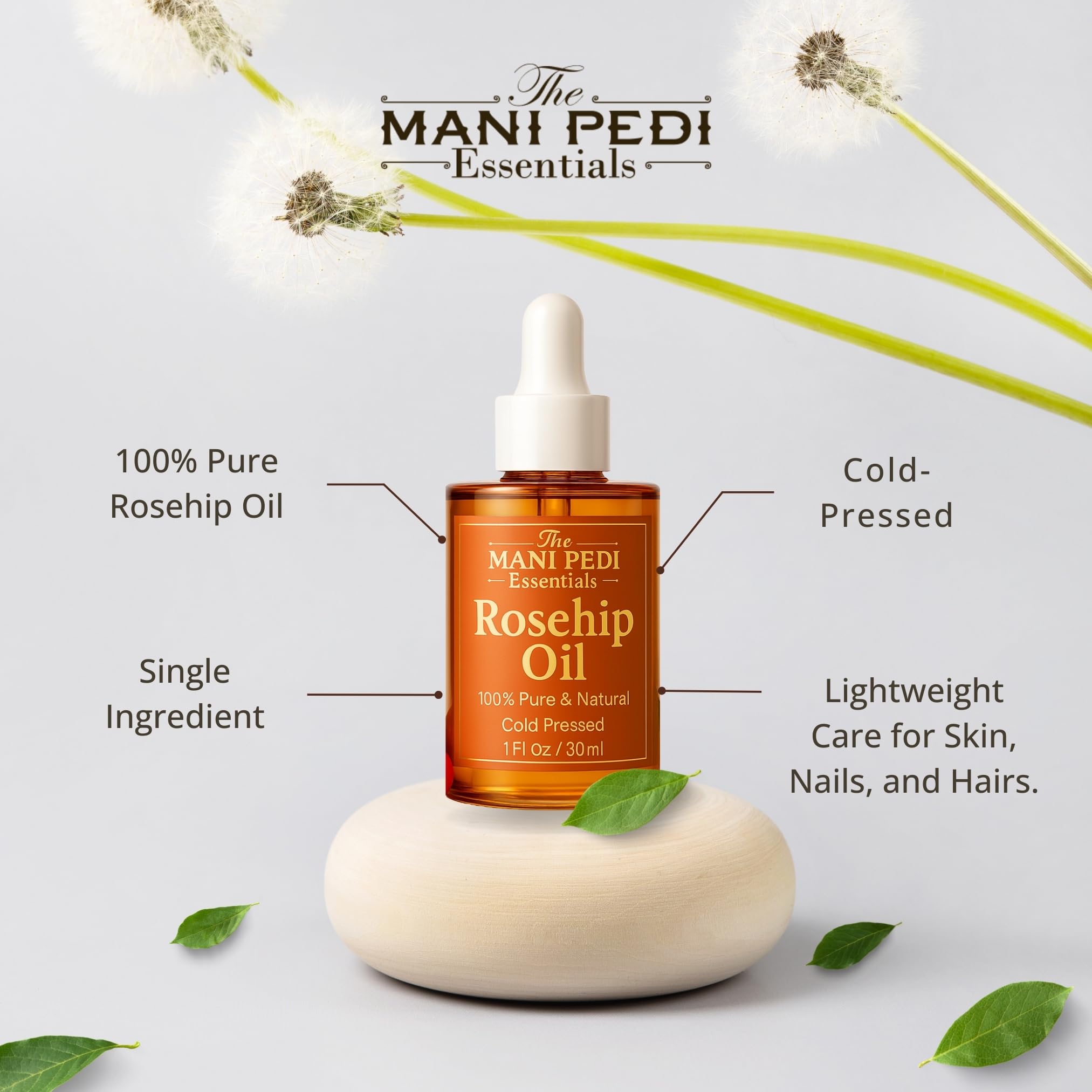 The Mani Pedi Essentials Rosehip Oil on clean skin for a dewy look.