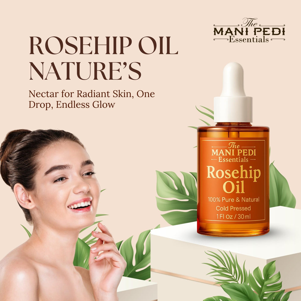 The Mani Pedi Essentials Rosehip Oil in an organic-labeled bottle.