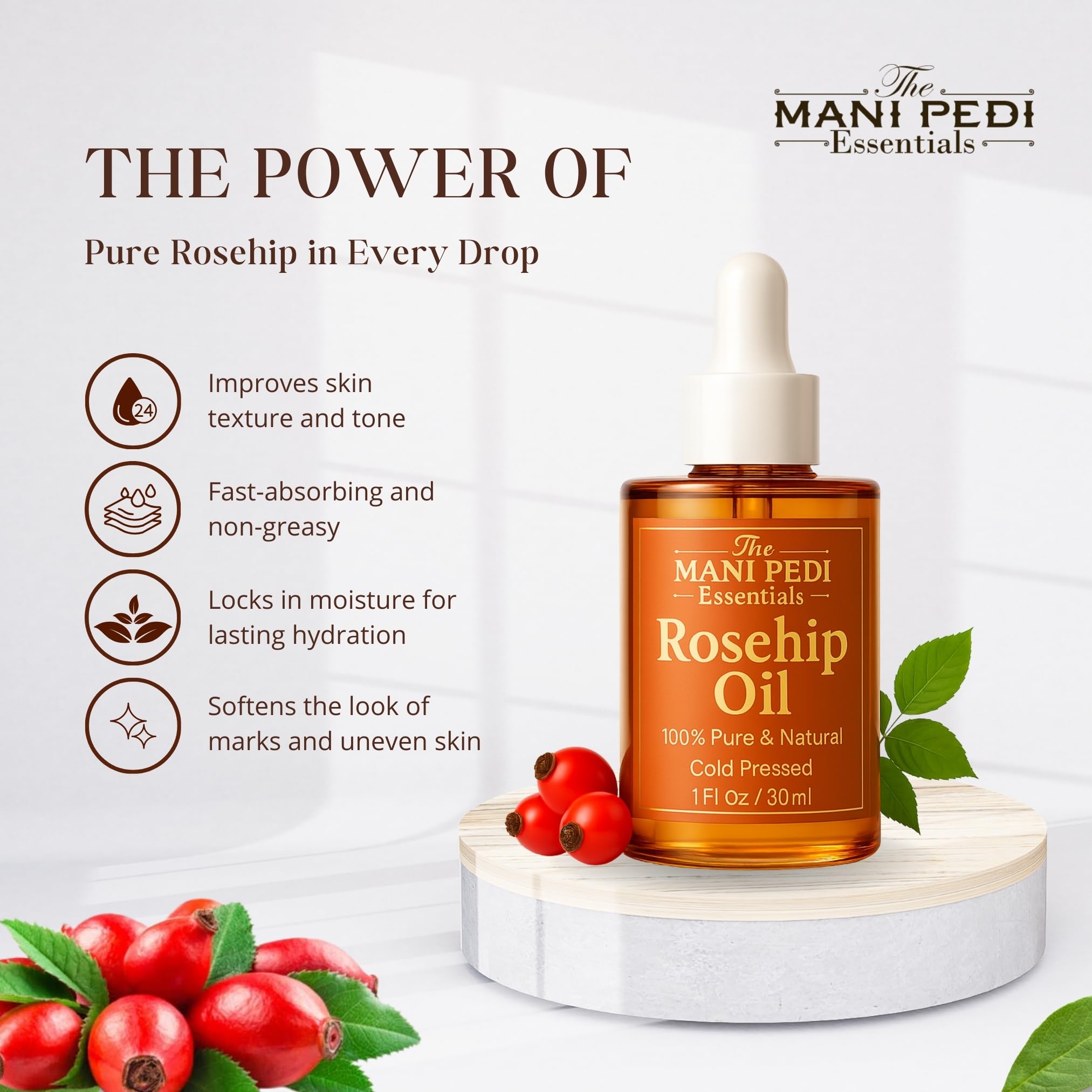 The Mani Pedi Essentials Rosehip Oil texture on skin with fast absorption.
