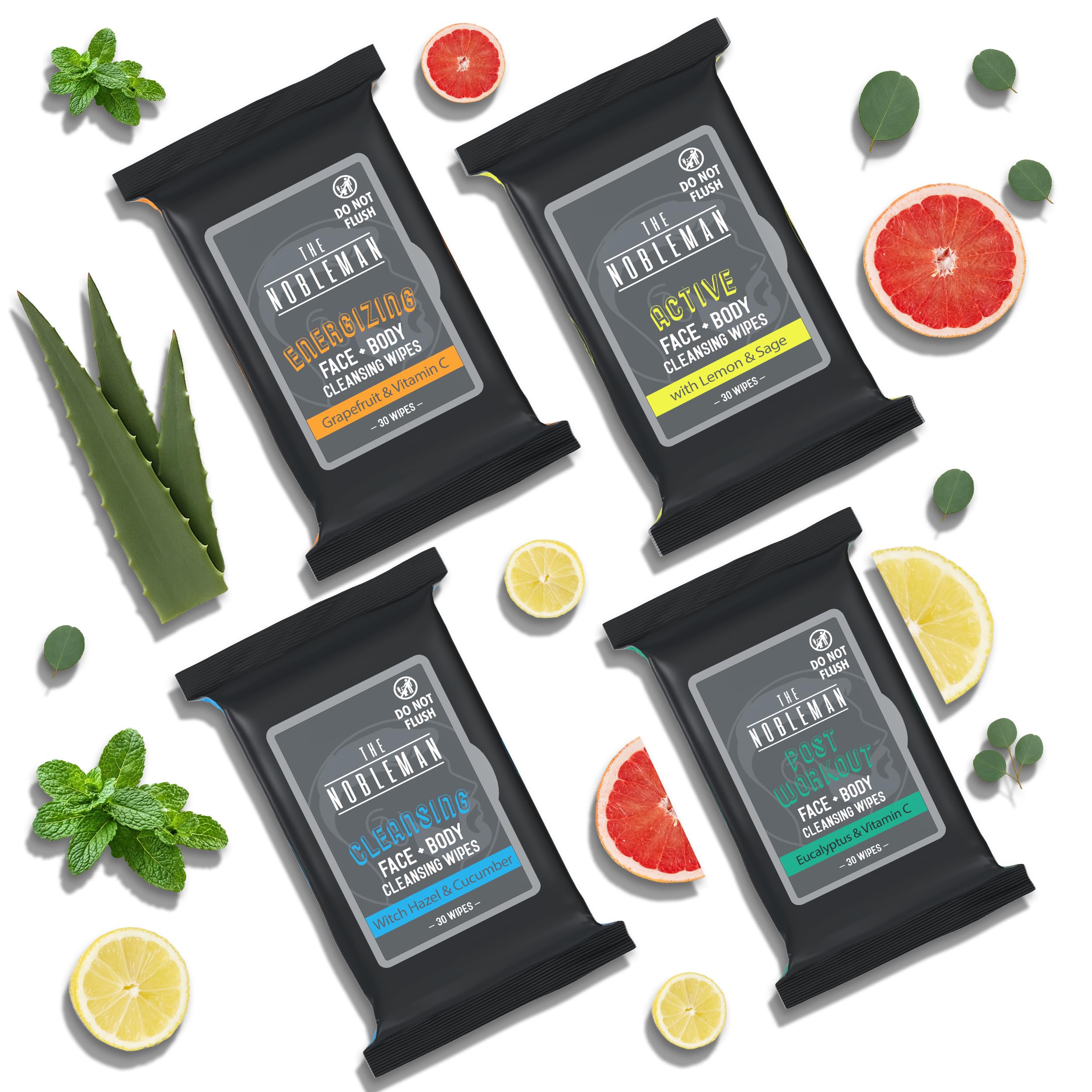 The Nobleman grapefruit energizing wipes pack display for a refreshing post workout boost