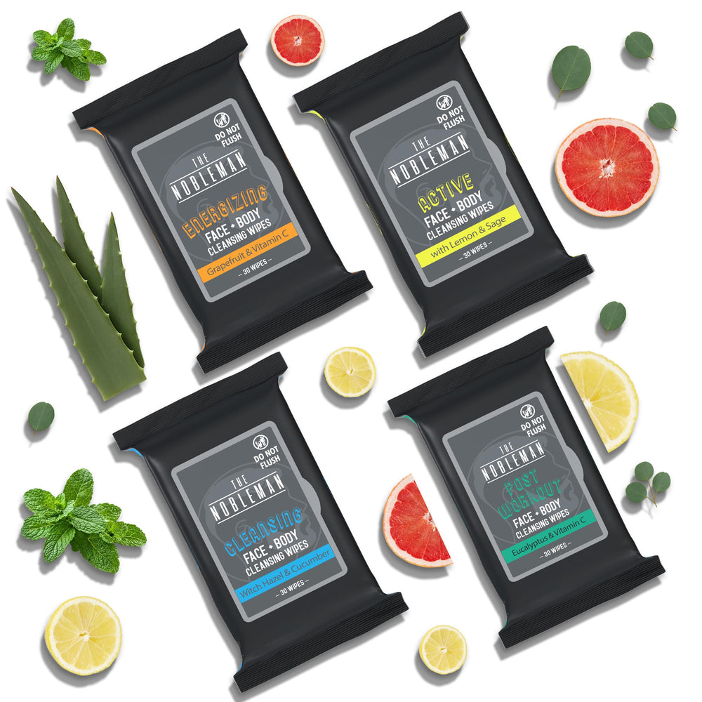 The Nobleman grapefruit energizing wipes pack display for a refreshing post workout boost