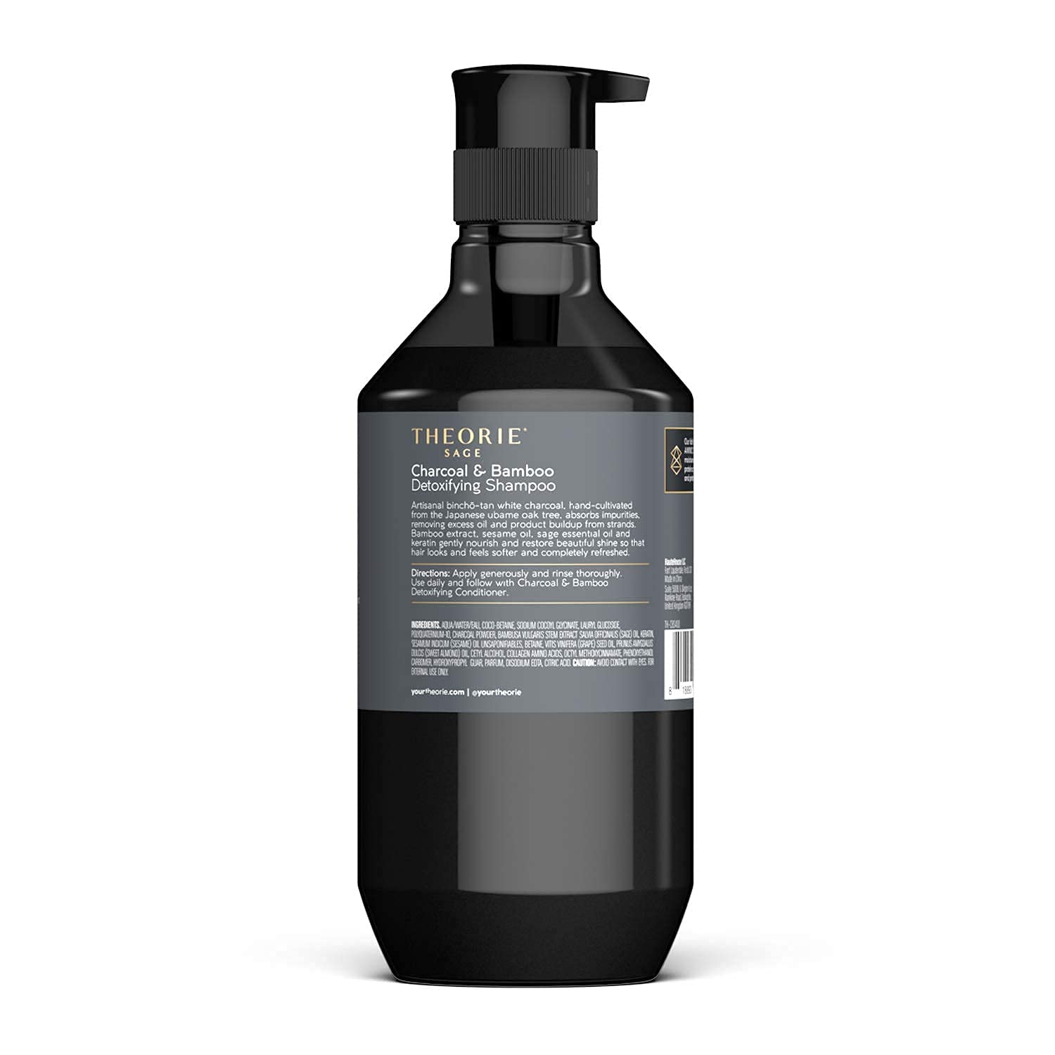 Theorie Detoxifying Shampoo packaging front highlights purifying ingredients for refreshed strands.