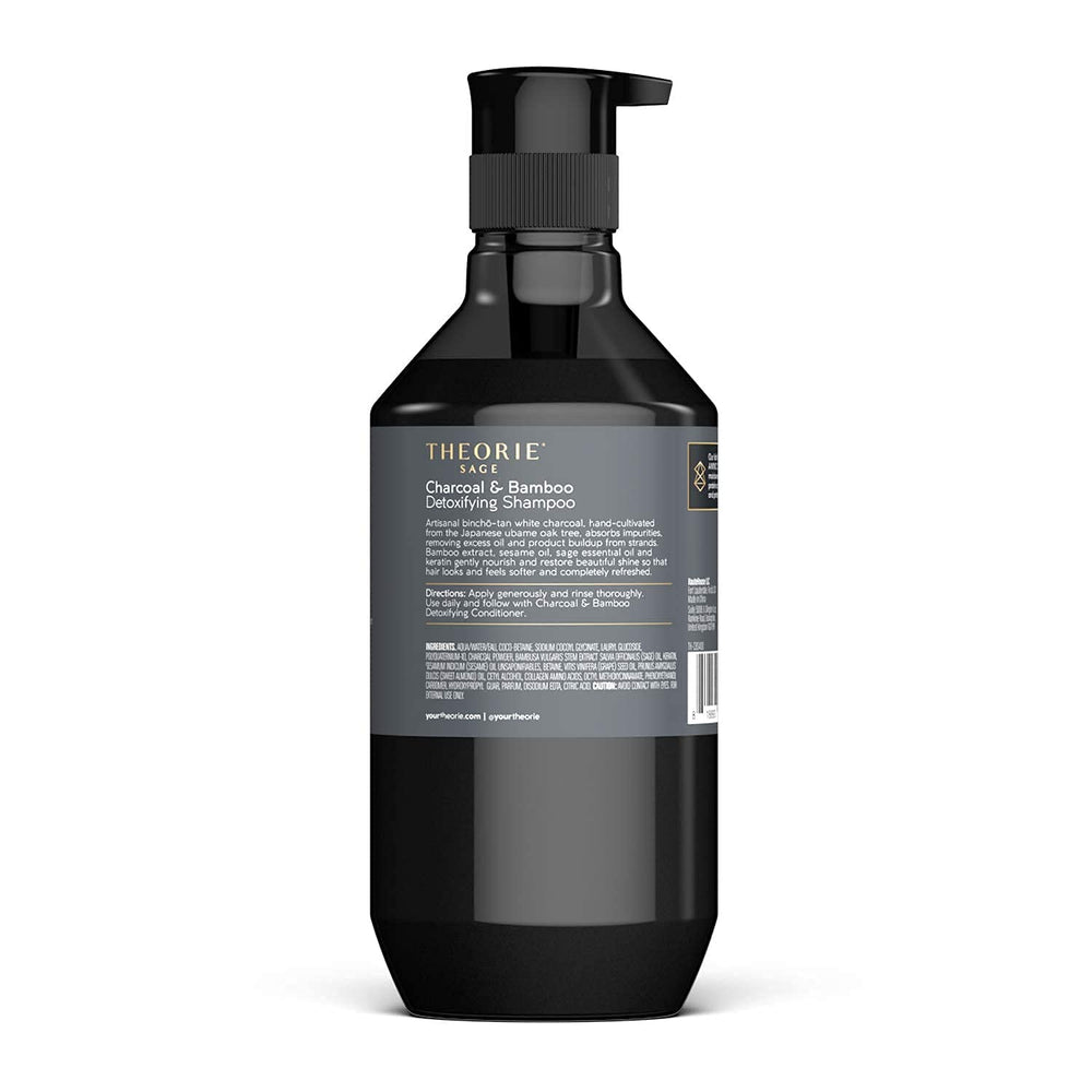 Theorie Detoxifying Shampoo packaging front highlights purifying ingredients for refreshed strands.
