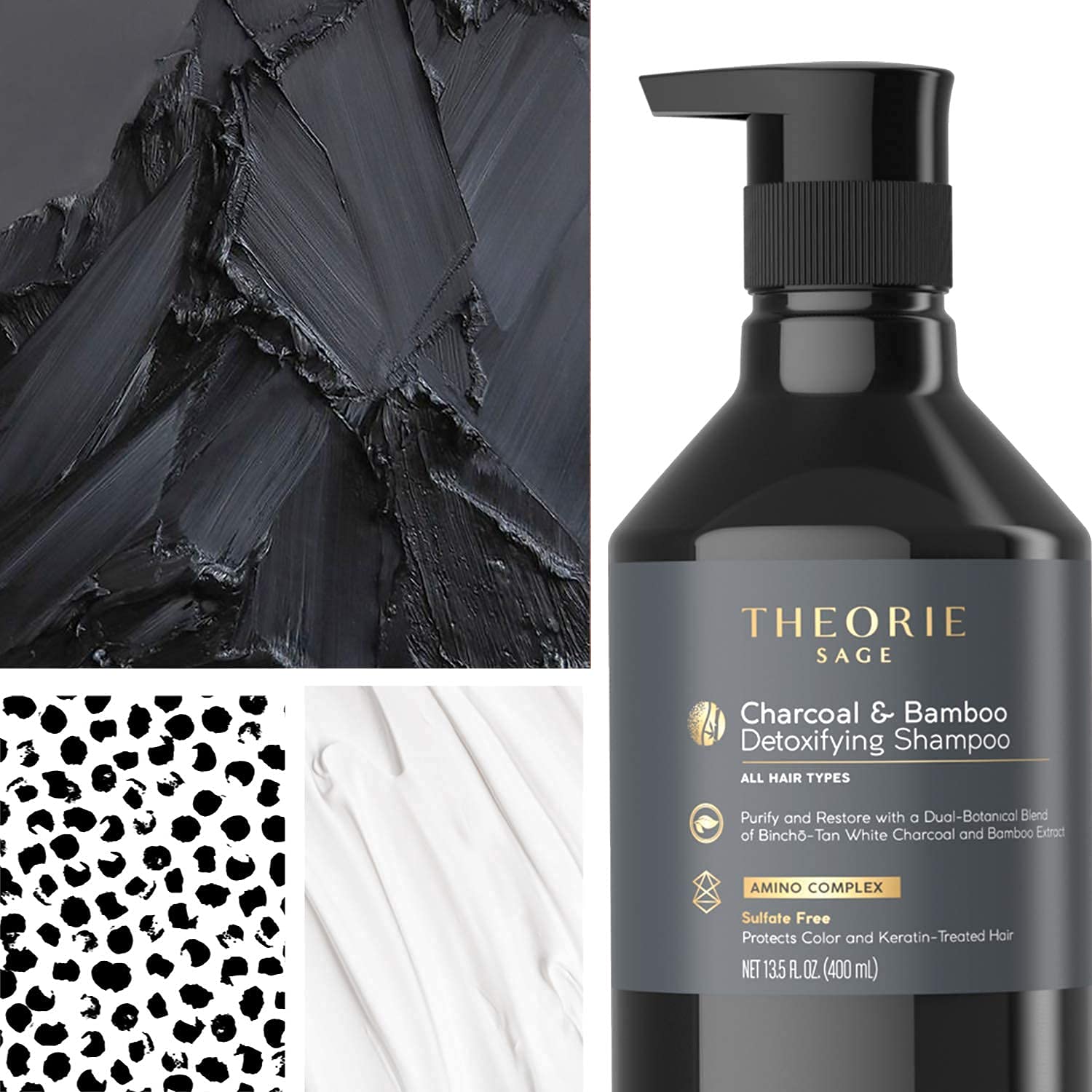 Theorie Detoxifying Shampoo ingredients panel features bamboo, charcoal, and essential oils for detox and cleanse.