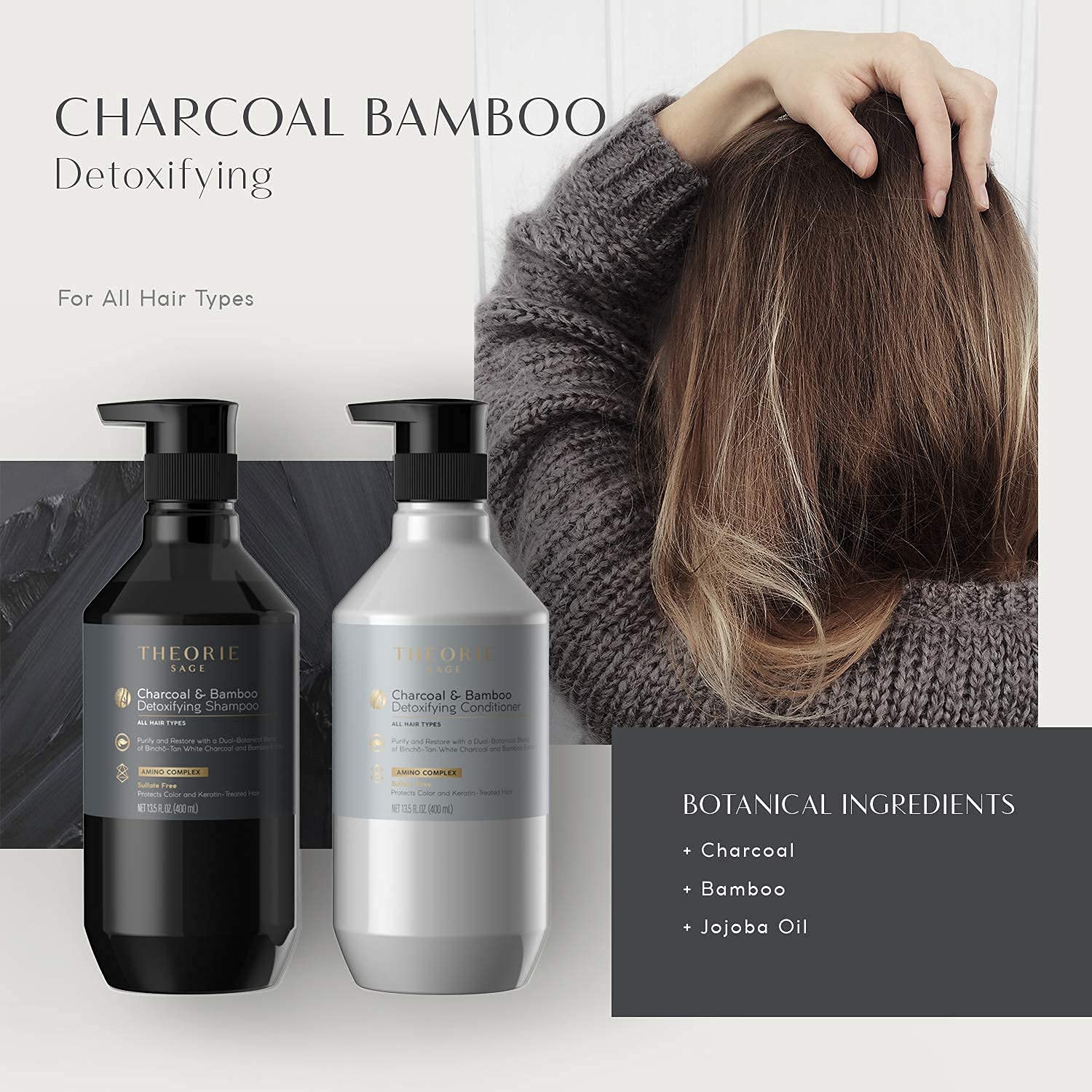 Theorie Charcoal and Bamboo Shampoo texture swirl reveals premium color-care formulation.