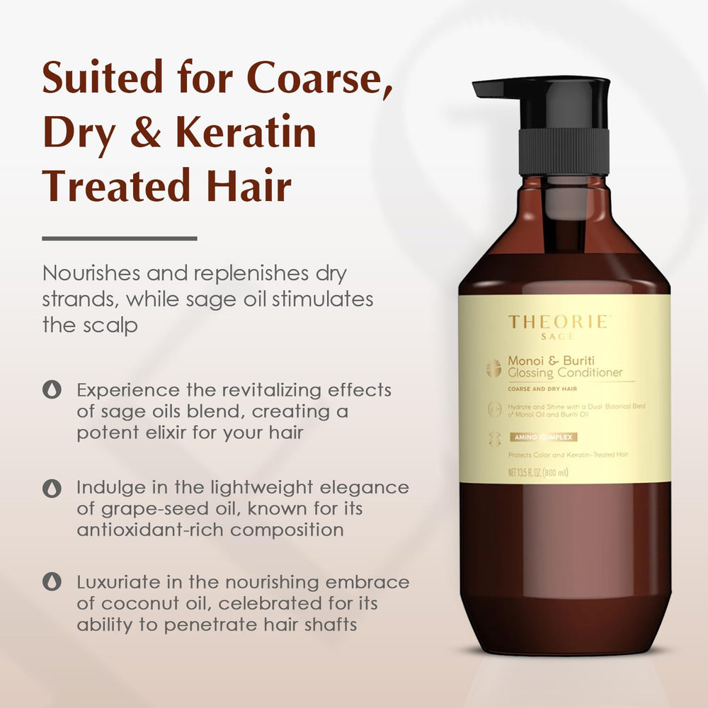 Theorie Monoi Buriti Glossing Conditioner for color-treated hair protects vibrancy.