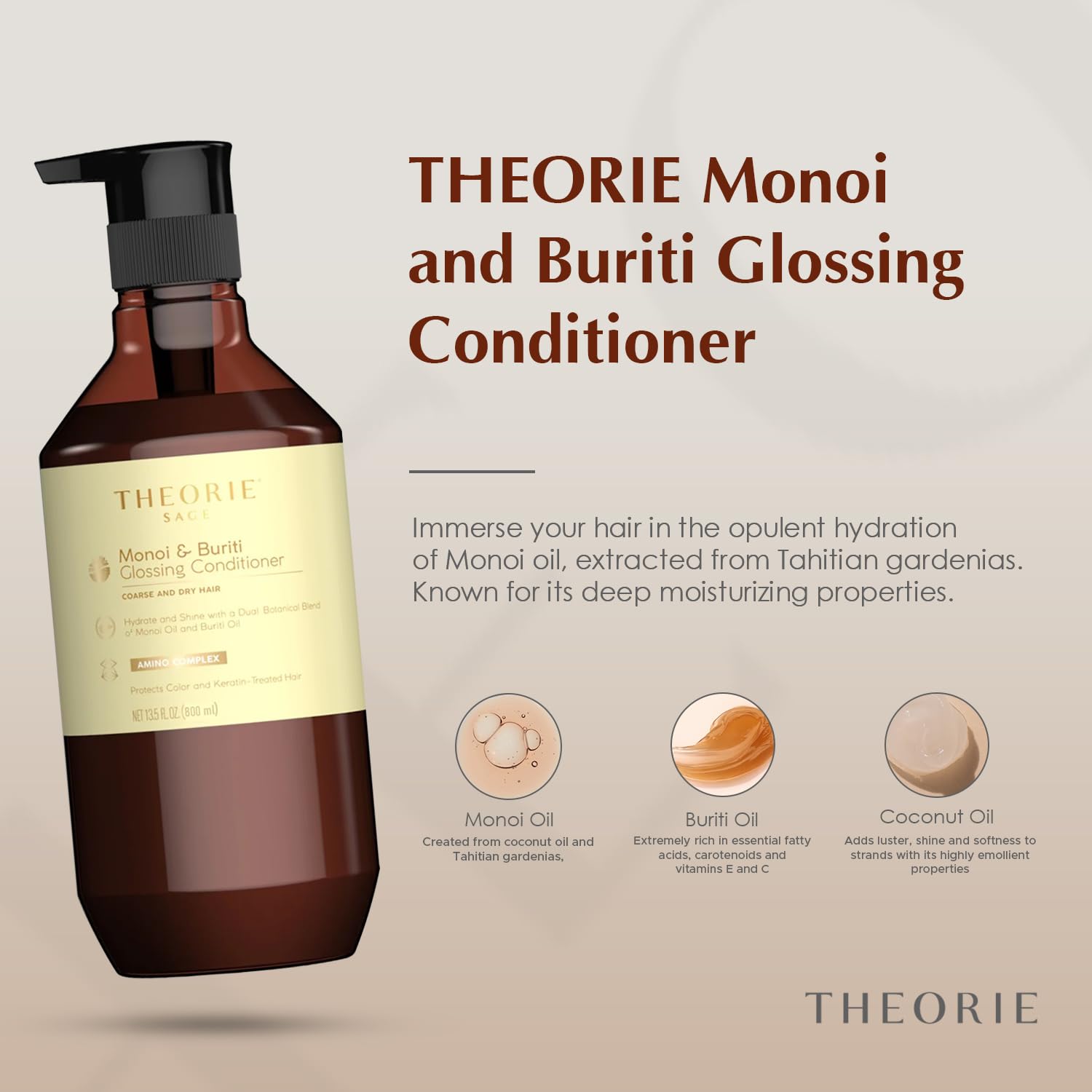 Theorie Monoi Buriti Glossing Conditioner on hair adds a glossy finish.
