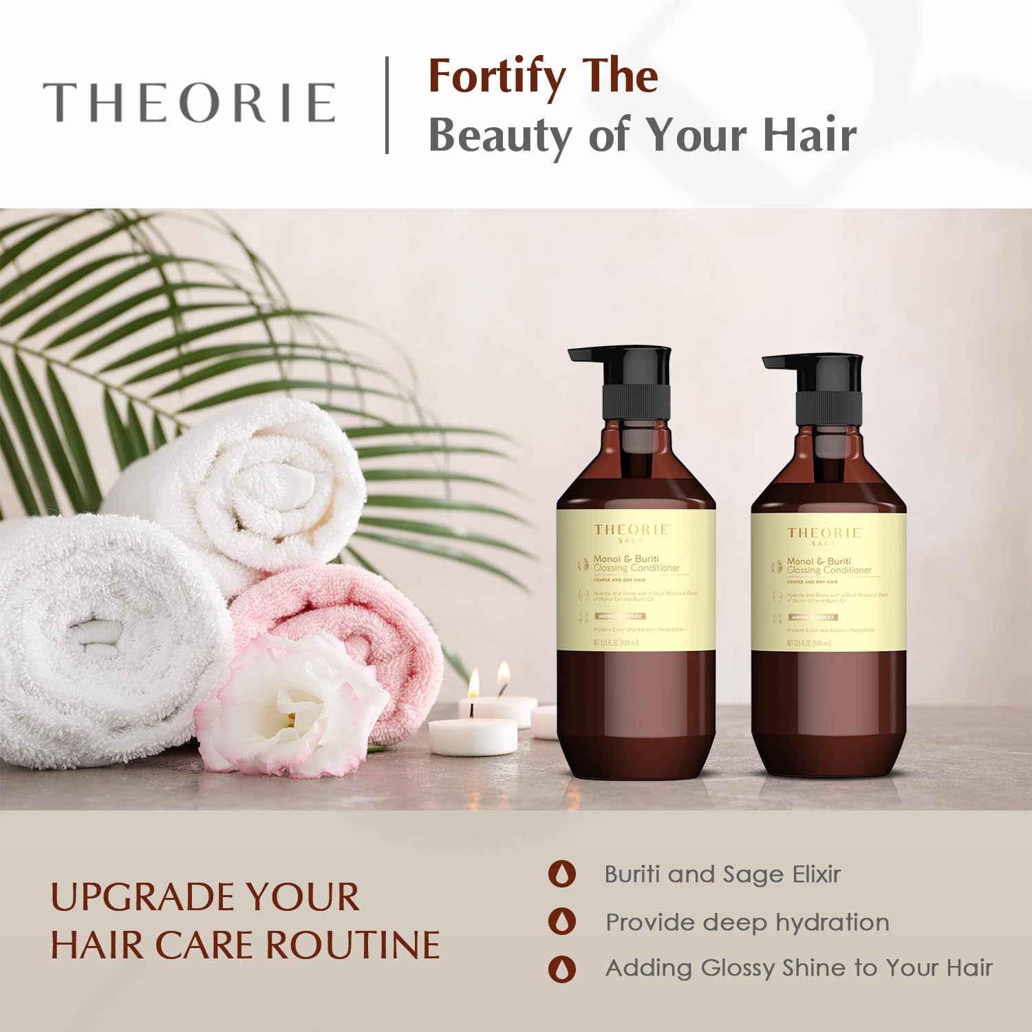 Theorie Monoi Buriti Glossing Conditioner aids keratin-treated strands in softness.