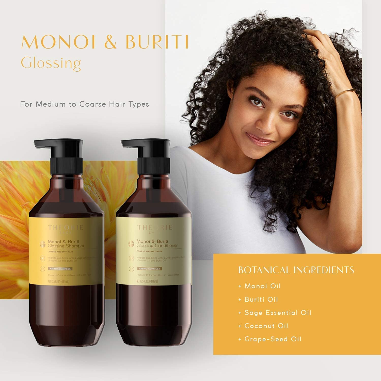 Theorie glossing shampoo on color-treated hair showing shine