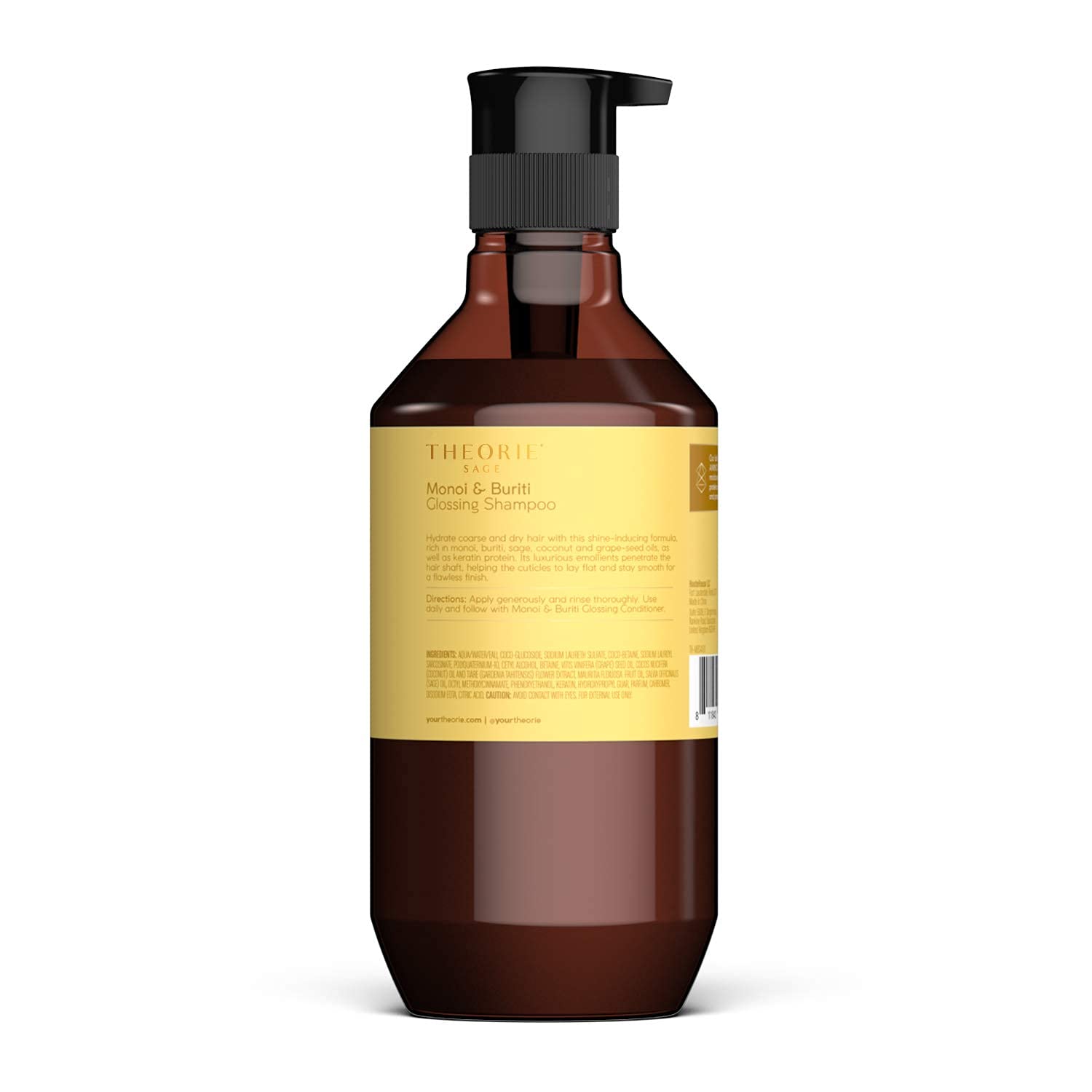 Theorie glossing shampoo label close-up highlighting color-safe formula